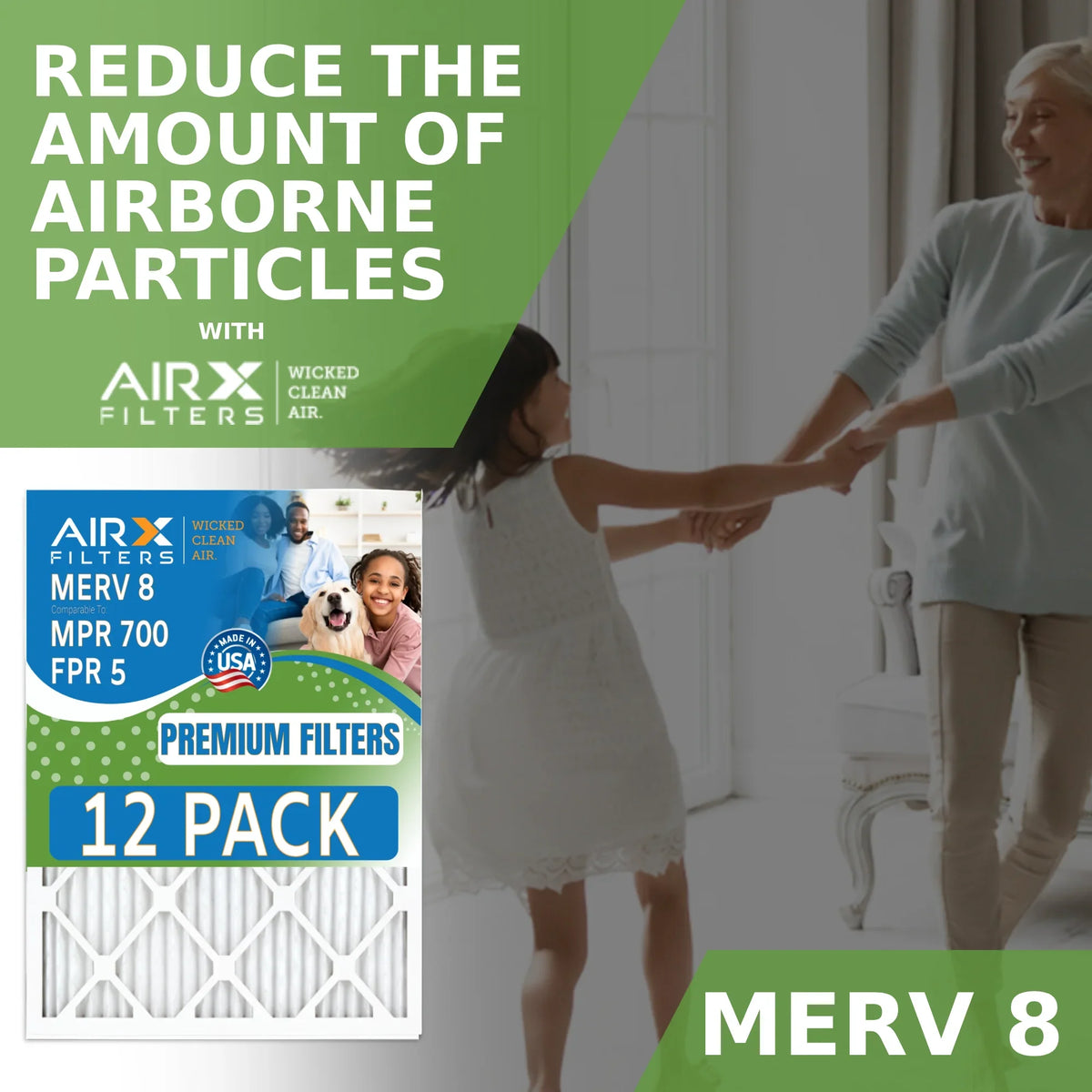 15x20x1 Air Filter MERV 8 Rating, 12 Pack of Furnace Filters Comparable to MPR 700 & FPR 5 - Made in USizeA by AIRX FILTERSize WICKED CLEAN AIR.