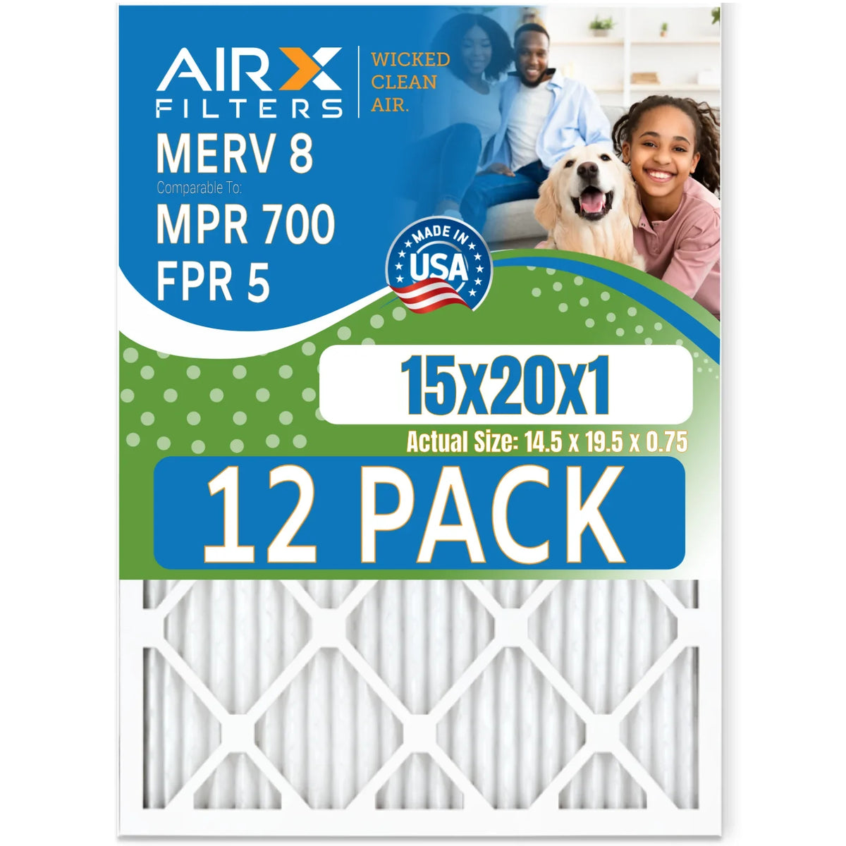 15x20x1 Air Filter MERV 8 Rating, 12 Pack of Furnace Filters Comparable to MPR 700 & FPR 5 - Made in USizeA by AIRX FILTERSize WICKED CLEAN AIR.