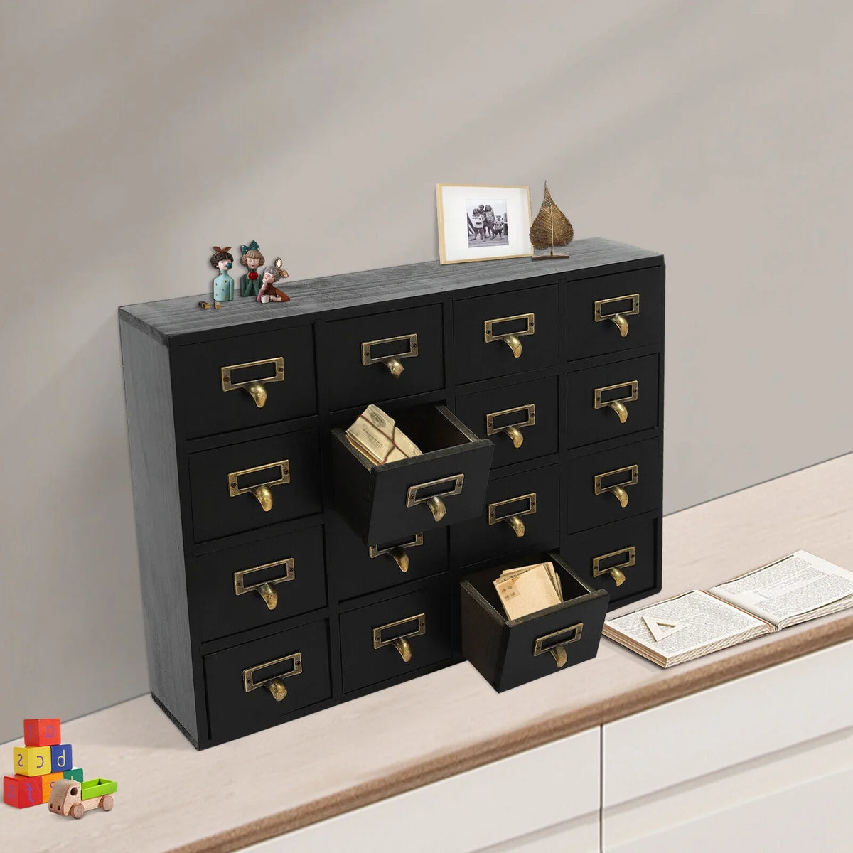 16 Drawers Apothecary Cabinet Herb Sizetorage Box, Wooden Desk Drawer Organizer New