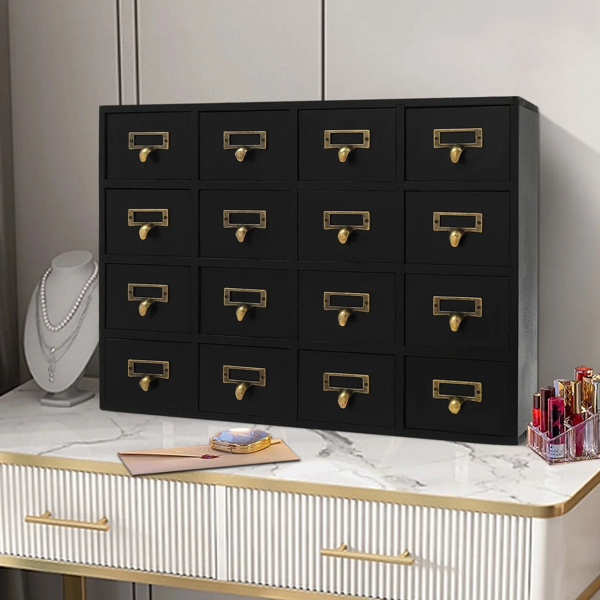 16 Drawers Apothecary Cabinet Herb Sizetorage Box, Wooden Desk Drawer Organizer New